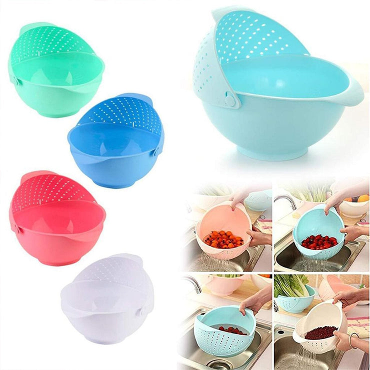 2145 Plastic Revolving Multi Functional Rice, Vegetable Fruit Wash Basket Bowl (Multi Colour) - Your Brand