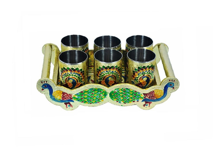 2125 Peacock Design Glass with Handle and Handicraft Serving Tray Set - Your Brand