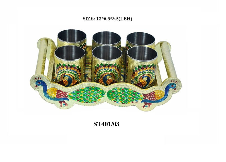 2125 Peacock Design Glass with Handle and Handicraft Serving Tray Set - Your Brand