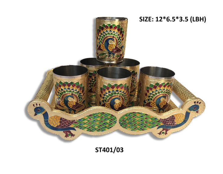 2125 Peacock Design Glass with Handle and Handicraft Serving Tray Set - Your Brand